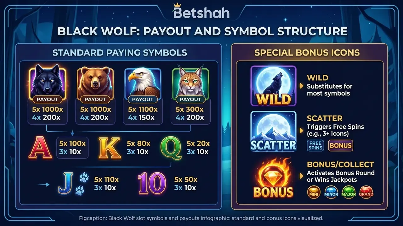 Black Wolf slot symbols and payouts infographic